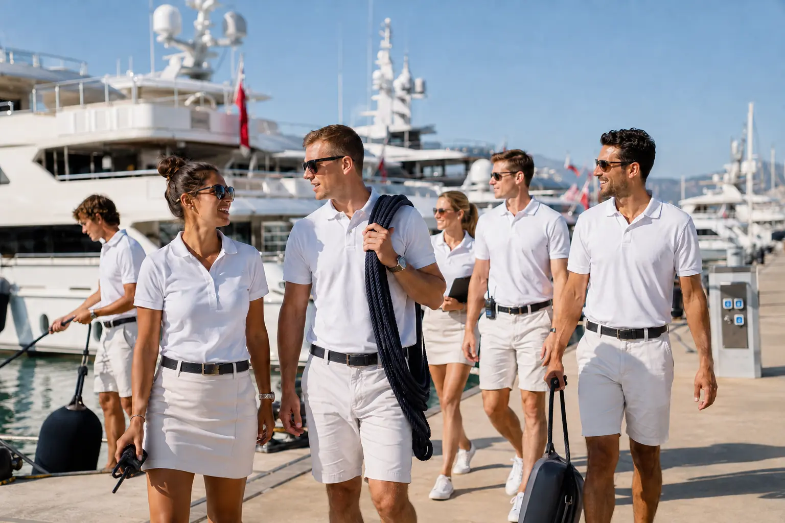 A group of uniformed yacht crew walking together along a marina dock